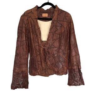 Blur Italy Genuine Leather Patchwork Jacket Bell Sleeve- Art To Wear, Boho Chic